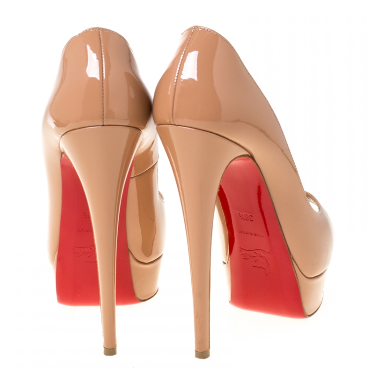 Pre Owned Christian Louboutin Nude Beige Patent Leather New Very Prive Peep Toe Platform Pumps Size 38.5