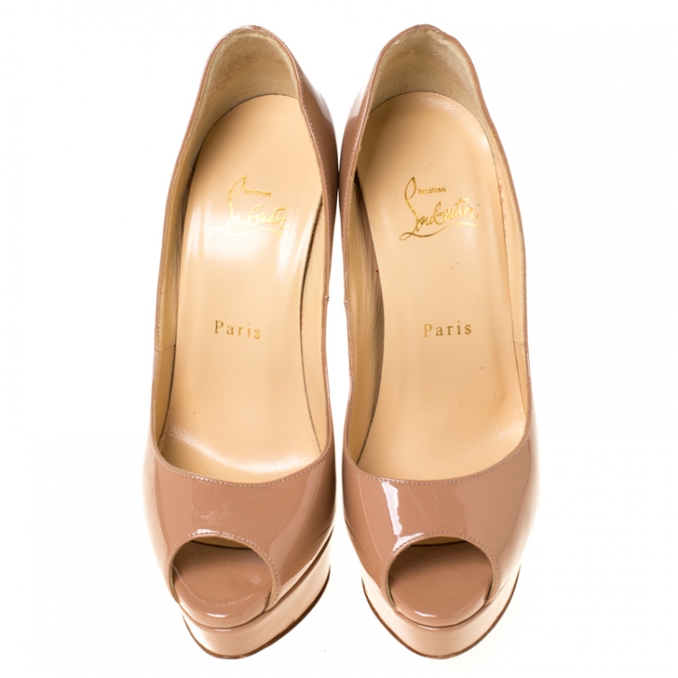 Pre Owned Christian Louboutin Nude Beige Patent Leather New Very Prive Peep Toe Platform Pumps Size 38.5
