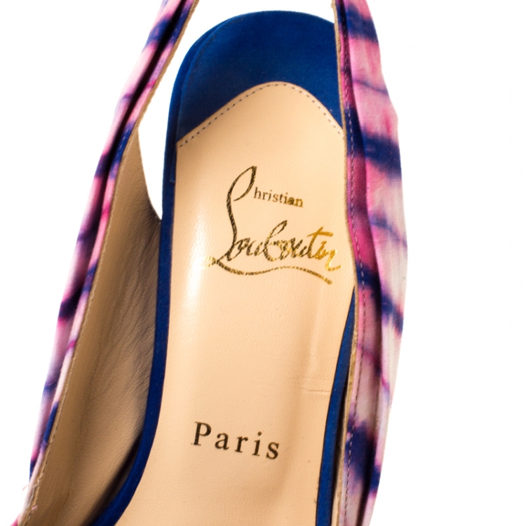 Pre Owned Christian Louboutin Blue/Pink Fabric High BouBou Bazin Slingback Sandals Size 38
