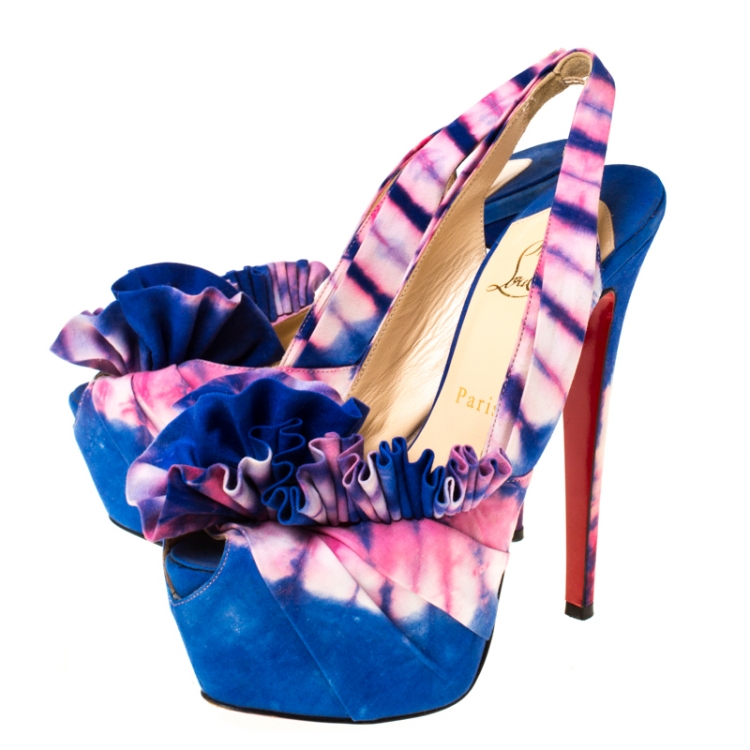 Pre Owned Christian Louboutin Blue/Pink Fabric High BouBou Bazin Slingback Sandals Size 38