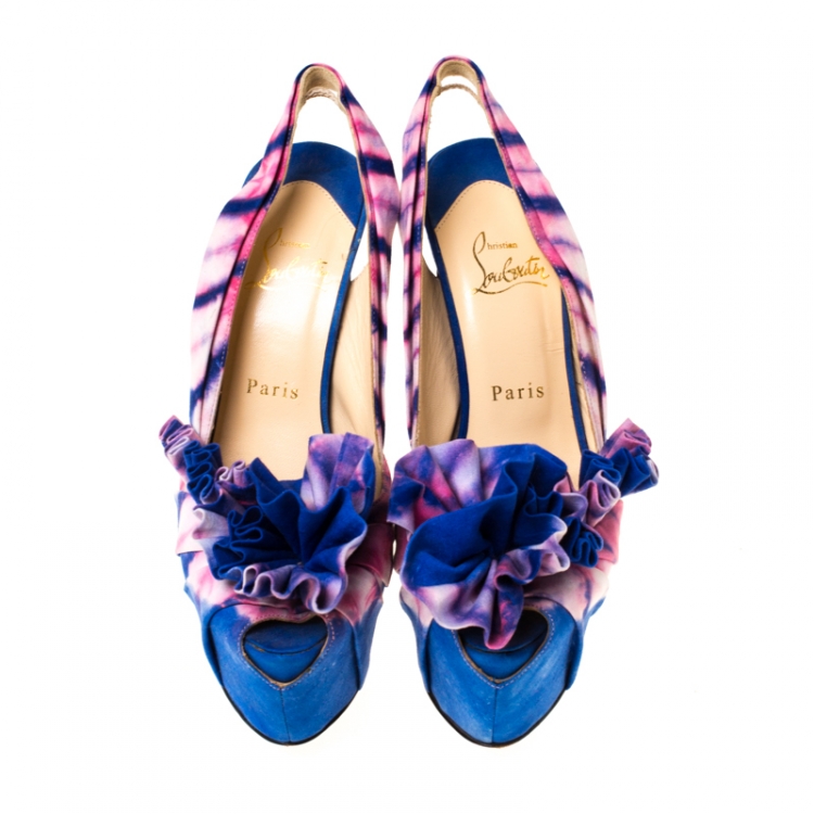 Pre Owned Christian Louboutin Blue/Pink Fabric High BouBou Bazin Slingback Sandals Size 38