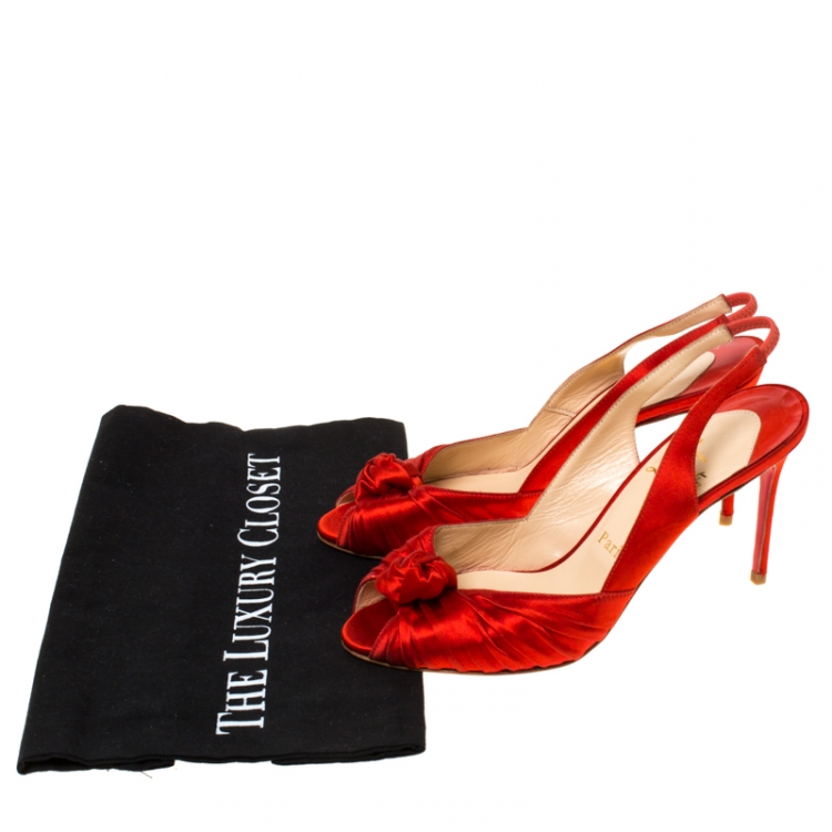 Pre Owned Christian Louboutin Red Satin Jenny Knotted Slingback Sandals Size 37.5