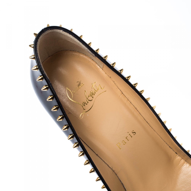 Pre Owned Christian Louboutin Black Patent Leather Anjalina Spike Trim Pointed Toe Pumps Size 37