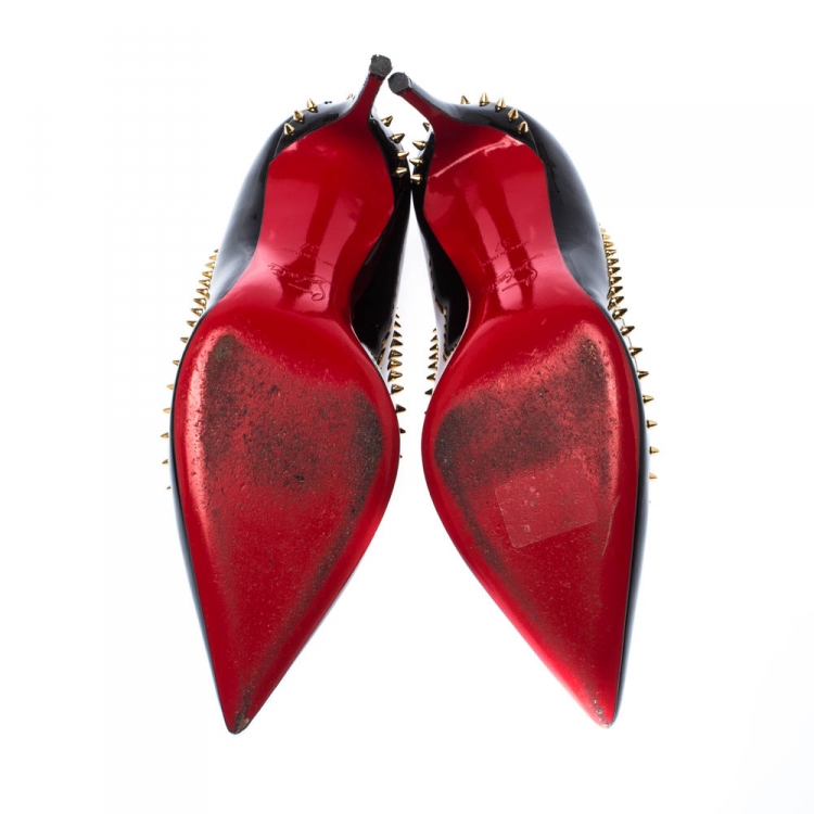 Pre Owned Christian Louboutin Black Patent Leather Anjalina Spike Trim Pointed Toe Pumps Size 37