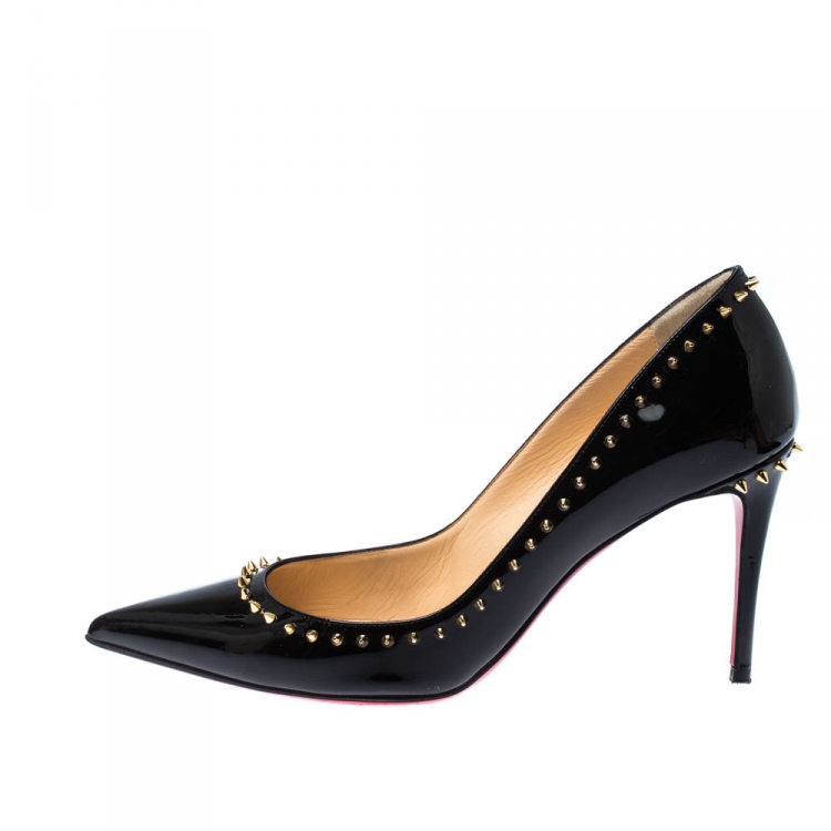 Pre Owned Christian Louboutin Black Patent Leather Anjalina Spike Trim Pointed Toe Pumps Size 37