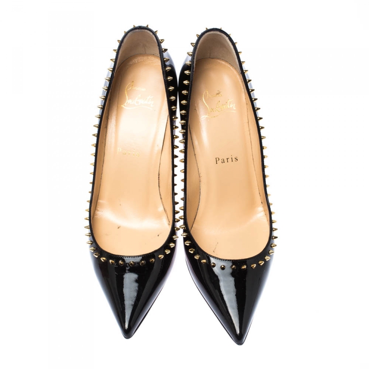Pre Owned Christian Louboutin Black Patent Leather Anjalina Spike Trim Pointed Toe Pumps Size 37