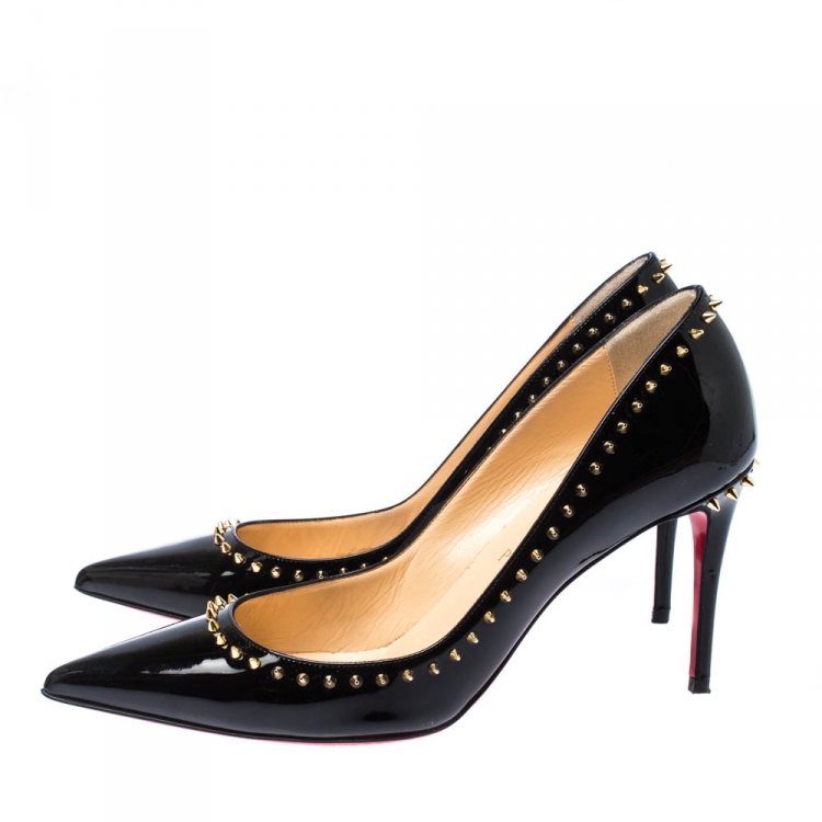 Pre Owned Christian Louboutin Black Patent Leather Anjalina Spike Trim Pointed Toe Pumps Size 37