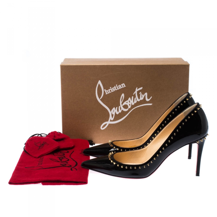 Pre Owned Christian Louboutin Black Patent Leather Anjalina Spike Trim Pointed Toe Pumps Size 37