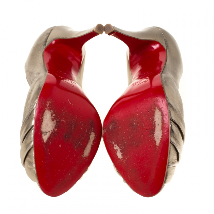 Pre Owned Christian Louboutin Metallic Leather Pleated Peep Toe Pumps Size 36.5