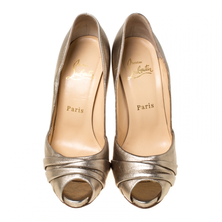Pre Owned Christian Louboutin Metallic Leather Pleated Peep Toe Pumps Size 36.5