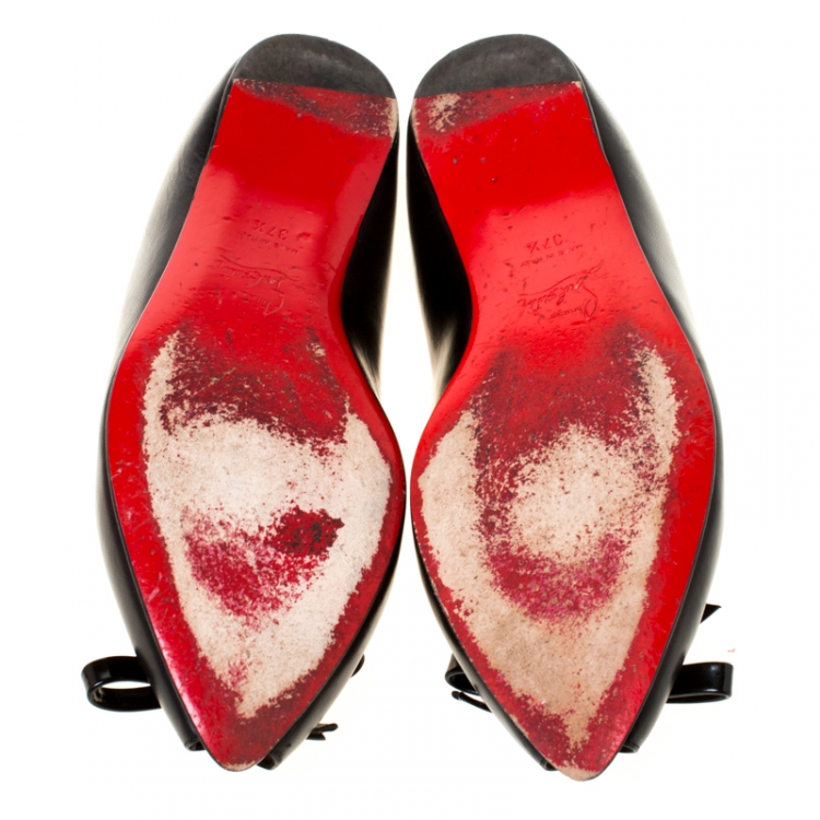 مملوكة مسبقًا Christian Louboutin Black Leather Bow Peep Toe Ballet Flats Size 37.5