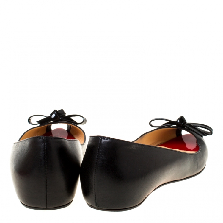 مملوكة مسبقًا Christian Louboutin Black Leather Bow Peep Toe Ballet Flats Size 37.5