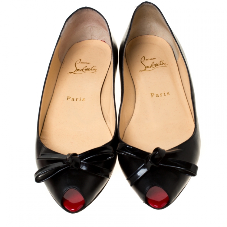 مملوكة مسبقًا Christian Louboutin Black Leather Bow Peep Toe Ballet Flats Size 37.5