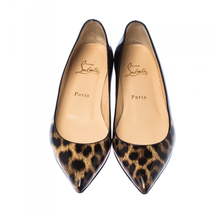 مملوكة مسبقًا Christian Louboutin Black Leopard Print Patent Leather Pigalle Follies Pointed Toe Ballet Flats Size 37.5