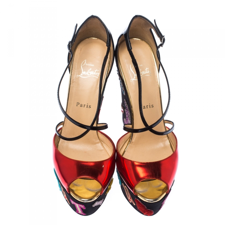 Pre Owned Christian Louboutin Multicolor Patent Leather Loubi Zeppa Wedge Platform Sandals Size 40