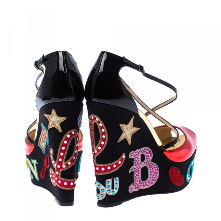 Pre Owned Christian Louboutin Multicolor Patent Leather Loubi Zeppa Wedge Platform Sandals Size 40