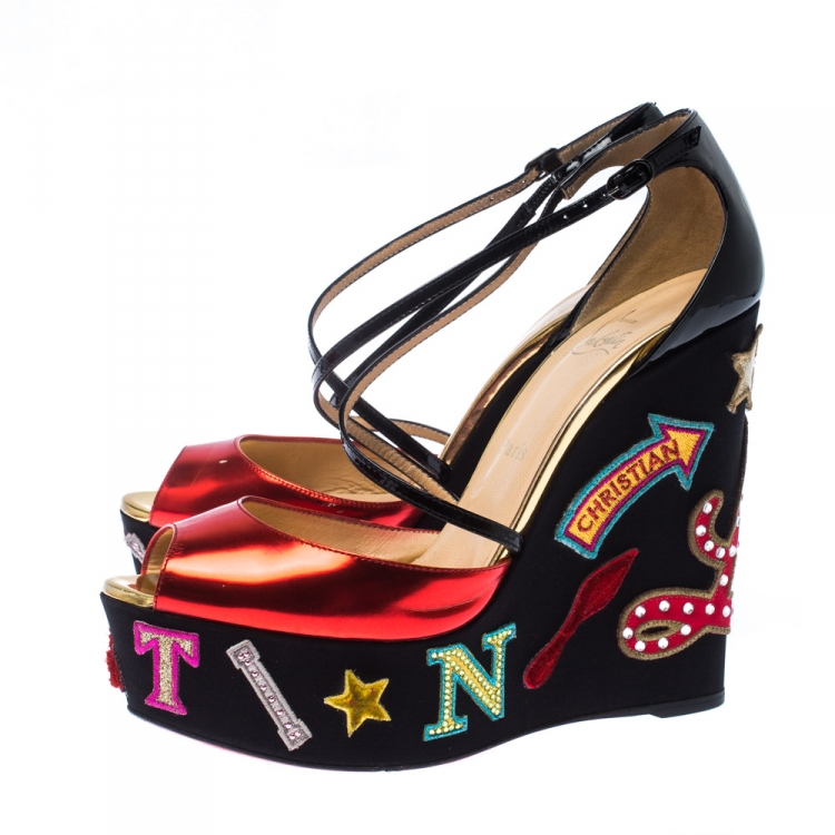 Pre Owned Christian Louboutin Multicolor Patent Leather Loubi Zeppa Wedge Platform Sandals Size 40