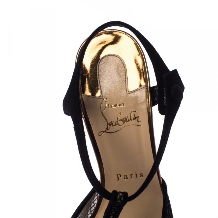 Pre Owned Christian Louboutin Black Patent Leather And Lace Mrs Early T Strap Pointed Toe Sandals Size 38.5