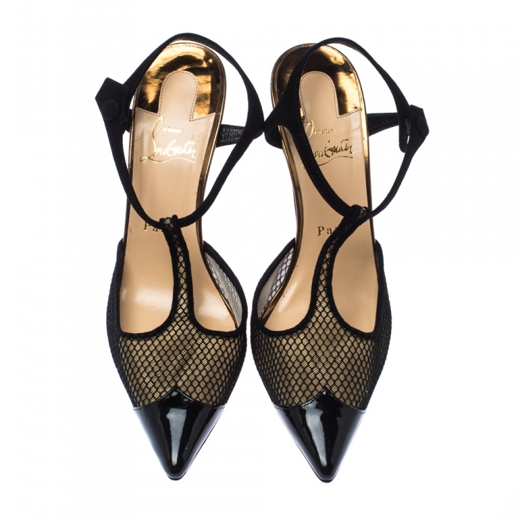 Pre Owned Christian Louboutin Black Patent Leather And Lace Mrs Early T Strap Pointed Toe Sandals Size 38.5
