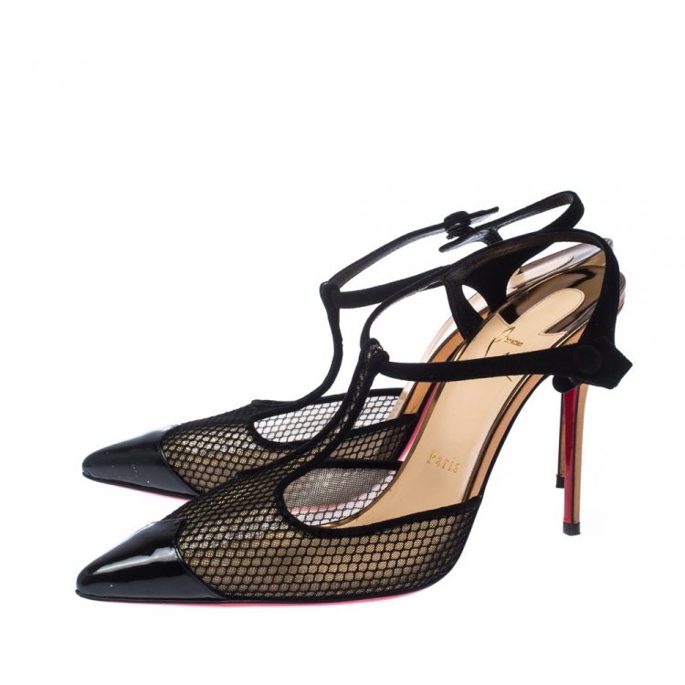 Pre Owned Christian Louboutin Black Patent Leather And Lace Mrs Early T Strap Pointed Toe Sandals Size 38.5