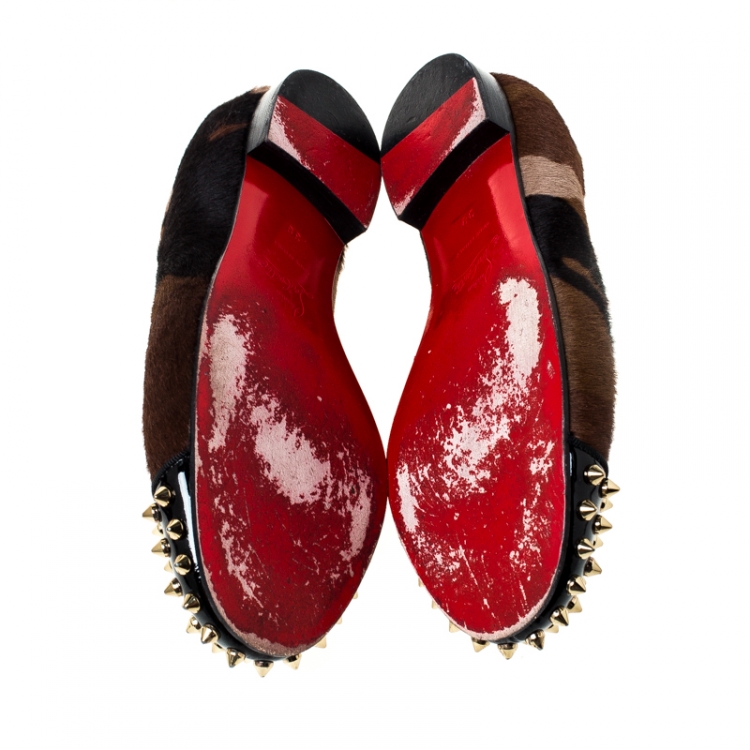 Pre Owned Christian Louboutin Pony Hair And Patent Leather Camo Intern Spike Loafers Size 38