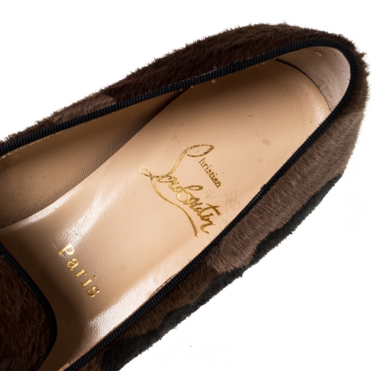Pre Owned Christian Louboutin Pony Hair And Patent Leather Camo Intern Spike Loafers Size 38