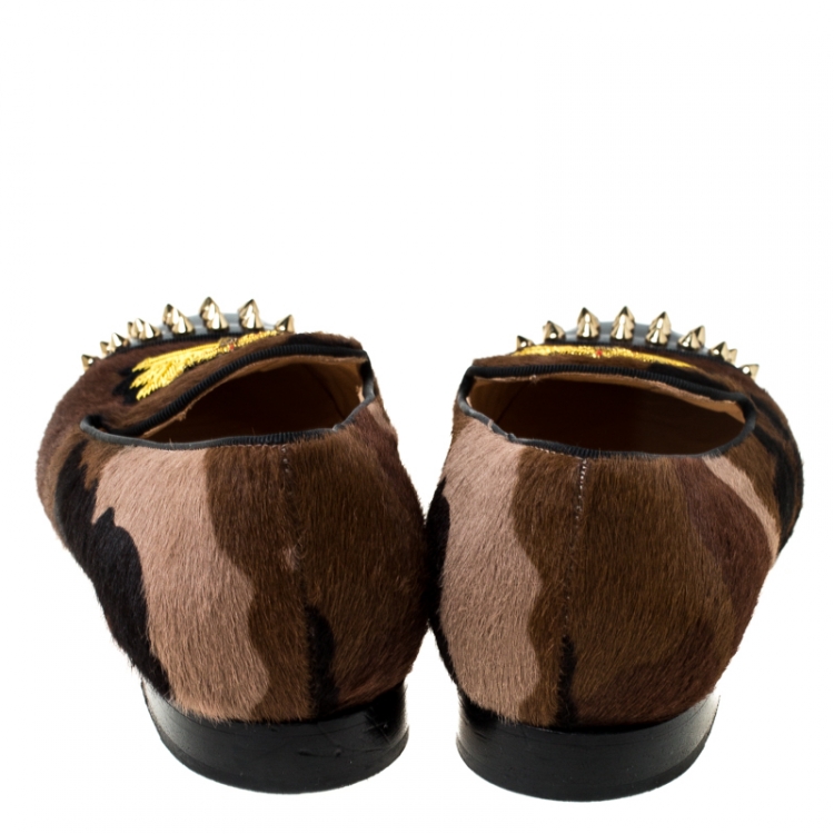 Pre Owned Christian Louboutin Pony Hair And Patent Leather Camo Intern Spike Loafers Size 38