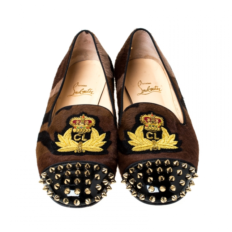 Pre Owned Christian Louboutin Pony Hair And Patent Leather Camo Intern Spike Loafers Size 38