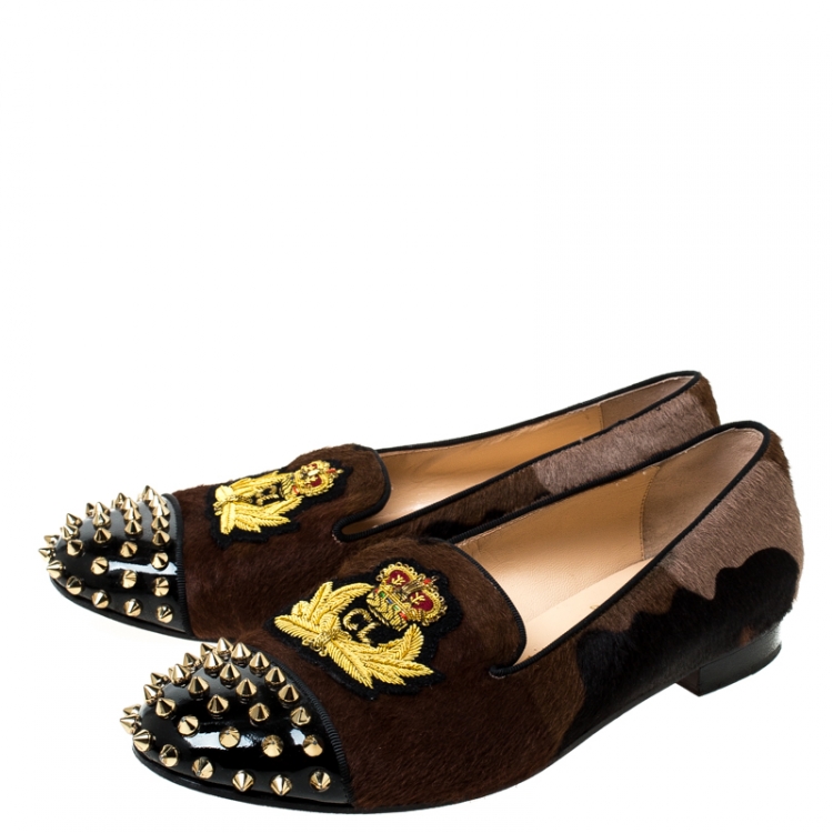 Pre Owned Christian Louboutin Pony Hair And Patent Leather Camo Intern Spike Loafers Size 38