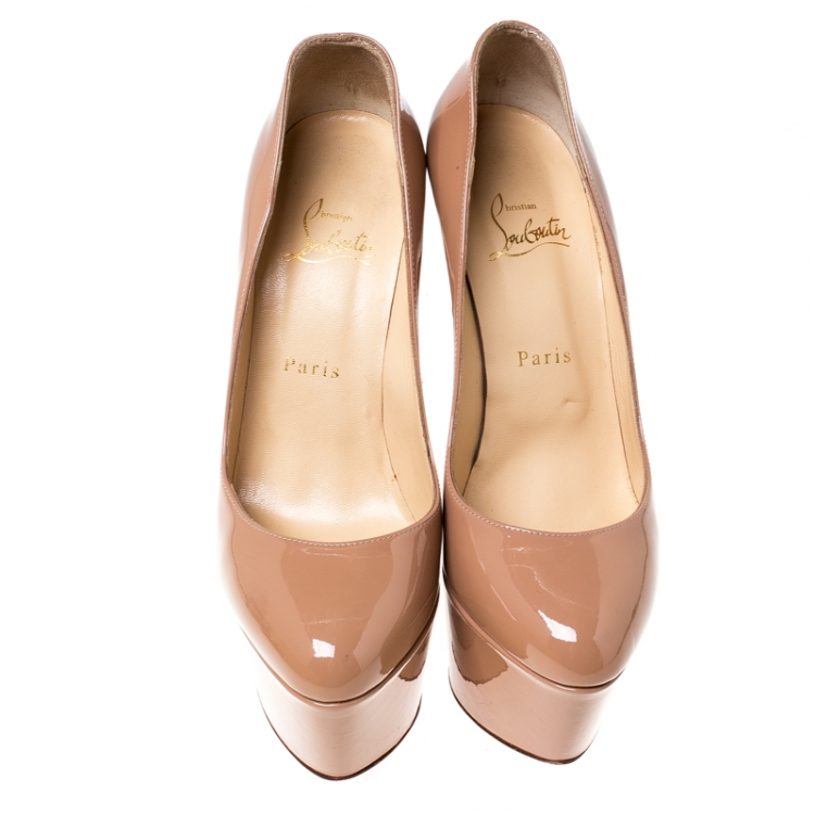Pre Owned Christian Louboutin Beige Patent Leather Victoria Platform Pumps Size 38.5
