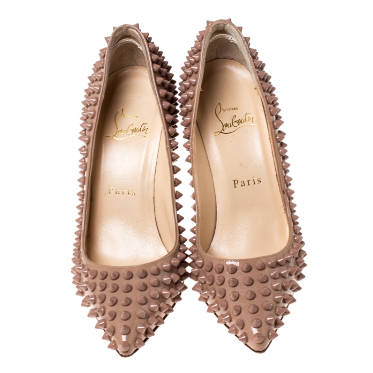 Pre Owned Christian Louboutin Beige Patent Leather Pigalle Spikes Pumps Size 35