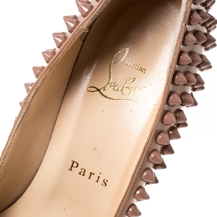 Pre Owned Christian Louboutin Beige Patent Leather Pigalle Spikes Pumps Size 35