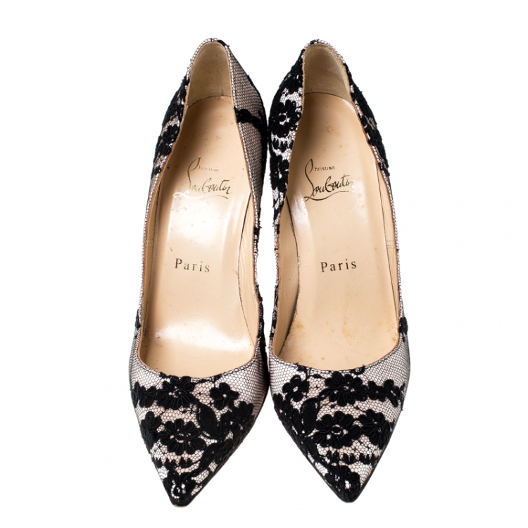 Pre Owned Christian Louboutin Black Lace And Satin Pointed Toe Pumps Size 37