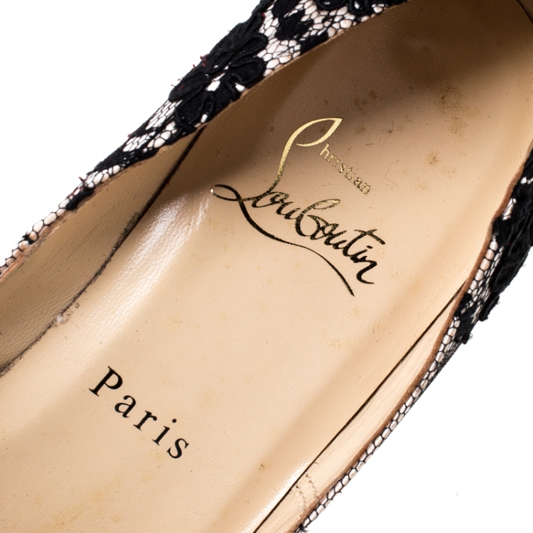 Pre Owned Christian Louboutin Black Lace And Satin Pointed Toe Pumps Size 37