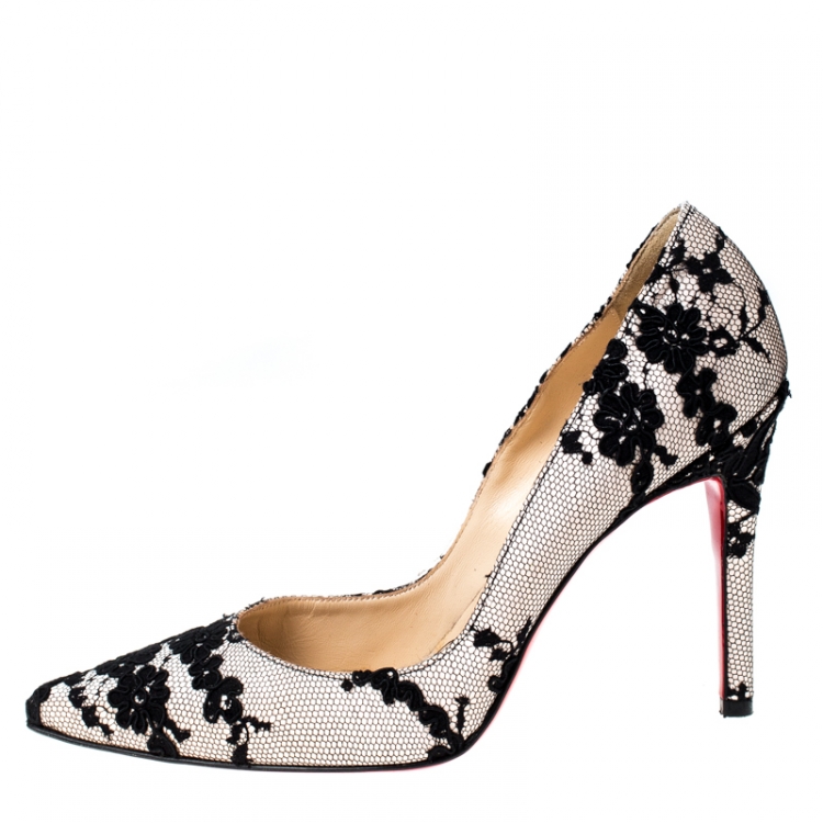 Pre Owned Christian Louboutin Black Lace And Satin Pointed Toe Pumps Size 37