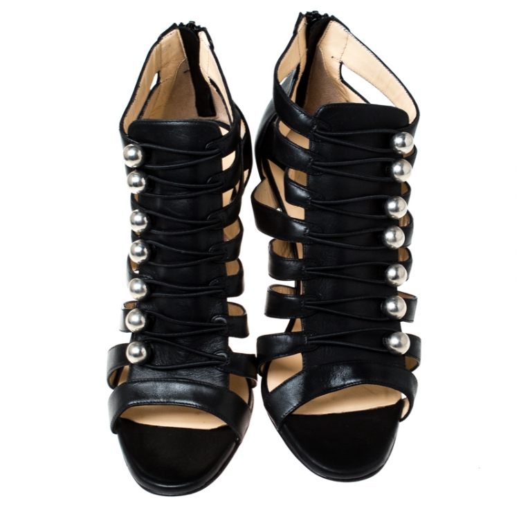 Pre Owned Christian Louboutin Black Leather Denis Cut Out Open Toe Booties Size 36.5