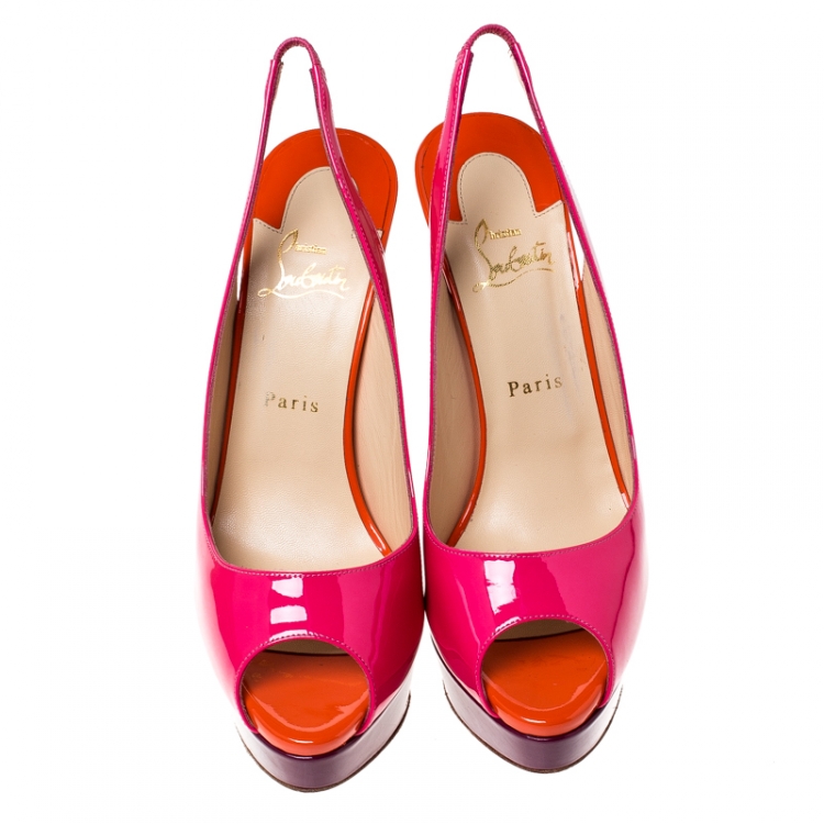 Pre Owned Christian Louboutin Multicolor Patent Leather Lady Peep Toe Slingback Sandals Size 40.5