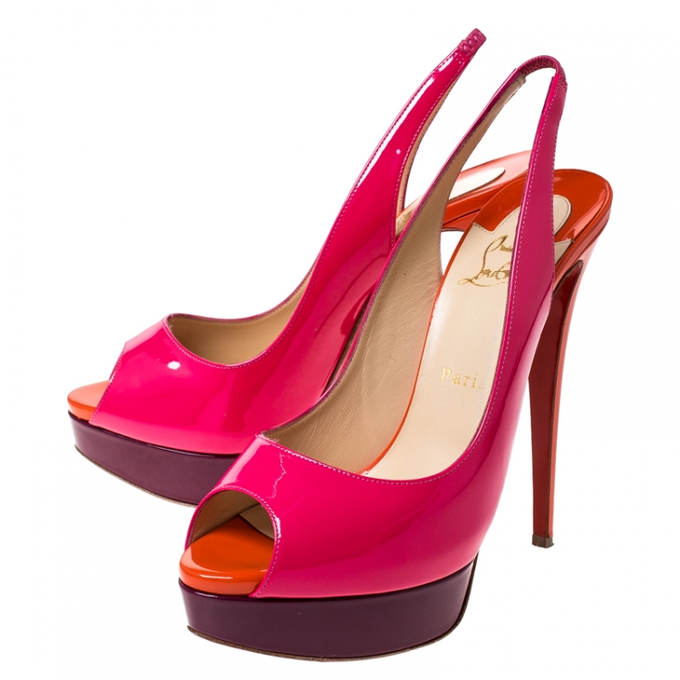 Pre Owned Christian Louboutin Multicolor Patent Leather Lady Peep Toe Slingback Sandals Size 40.5