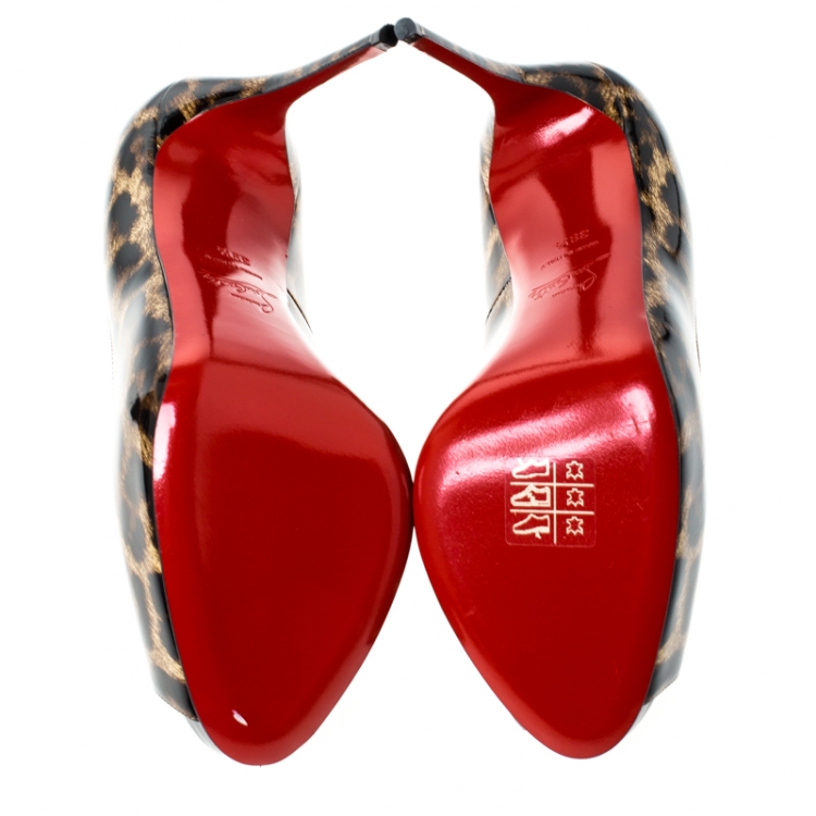 Pre Owned Christian Louboutin Brown/Black Leopard Print Patent Leather New Very Prive Peep Toe Pumps Size 39.5