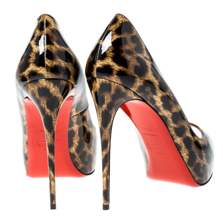 Pre Owned Christian Louboutin Brown/Black Leopard Print Patent Leather New Very Prive Peep Toe Pumps Size 39.5
