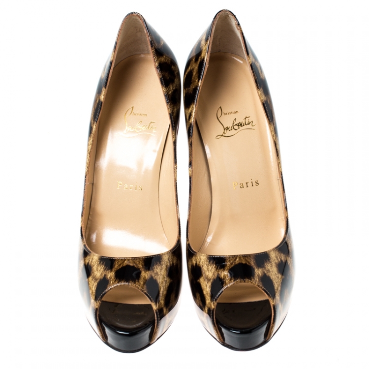 Pre Owned Christian Louboutin Brown/Black Leopard Print Patent Leather New Very Prive Peep Toe Pumps Size 39.5