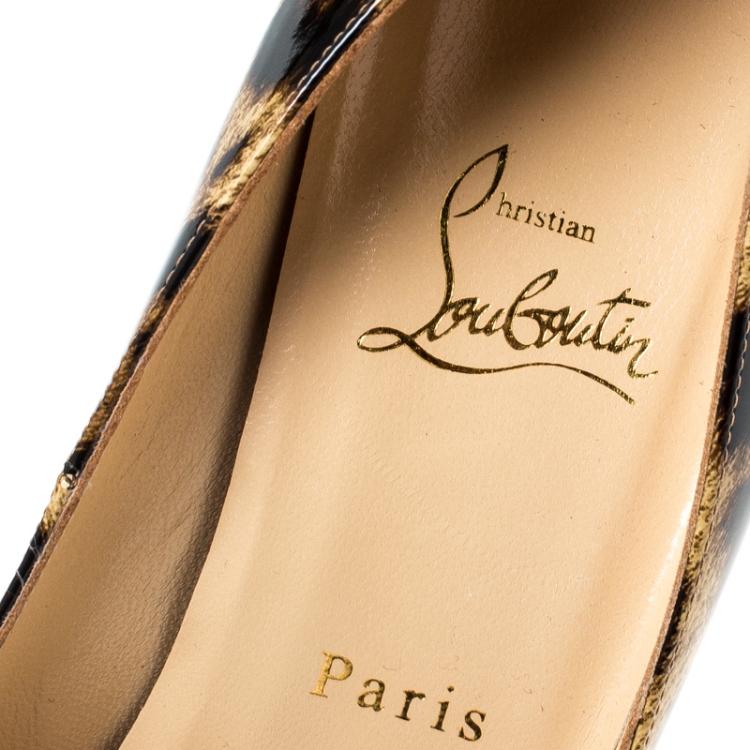 Pre Owned Christian Louboutin Brown/Black Leopard Print Patent Leather New Very Prive Peep Toe Pumps Size 39.5