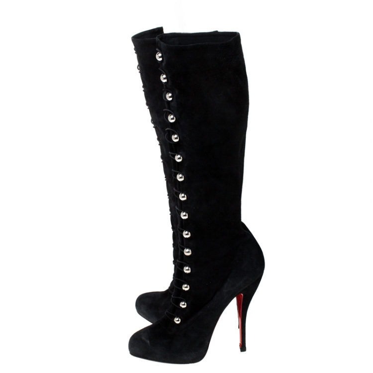 Pre Owned Christian Louboutin Black Suede Leather Fabiola Knee Length Boots Size 41