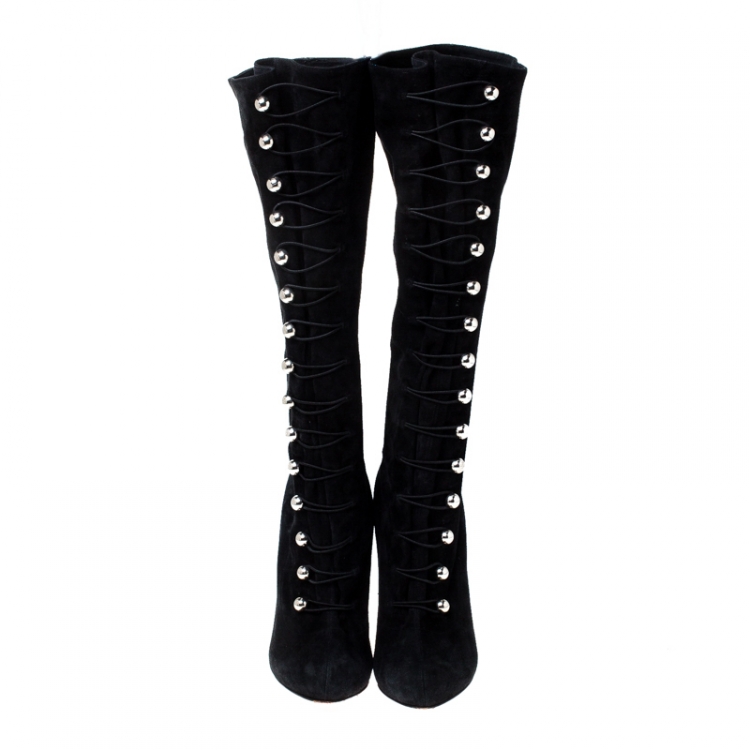 Pre Owned Christian Louboutin Black Suede Leather Fabiola Knee Length Boots Size 41