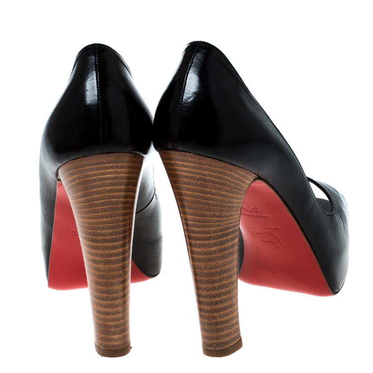 Pre Owned Christian Louboutin Black Leather Peep Toe Platform Pumps Size 37.5 