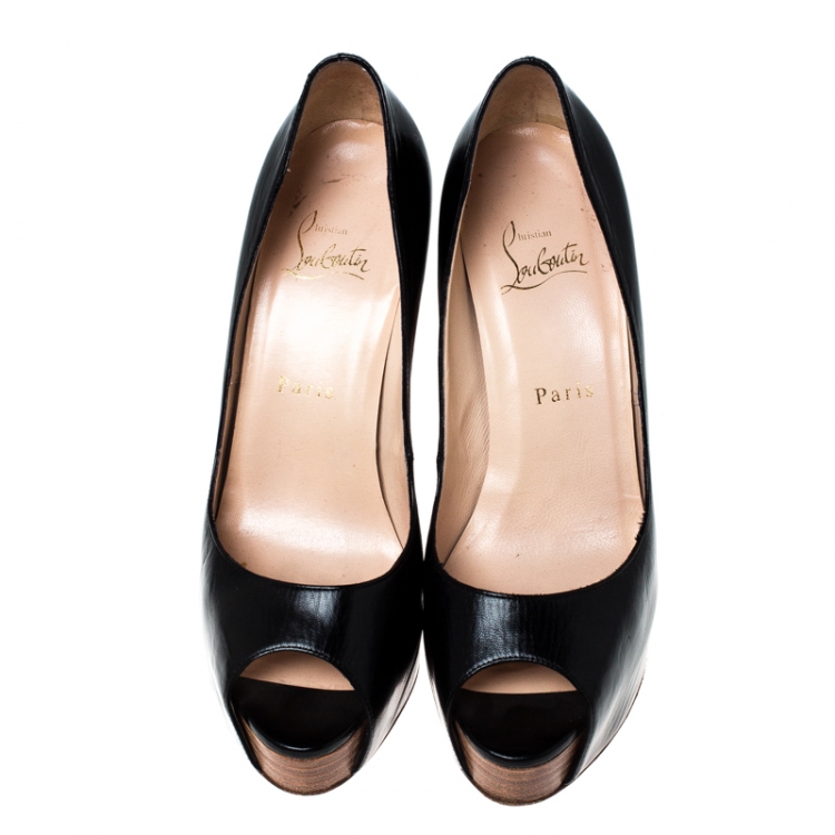 Pre Owned Christian Louboutin Black Leather Peep Toe Platform Pumps Size 37.5 
