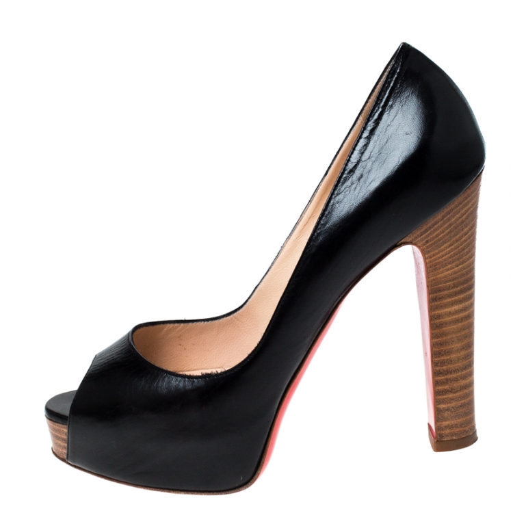 Pre Owned Christian Louboutin Black Leather Peep Toe Platform Pumps Size 37.5 