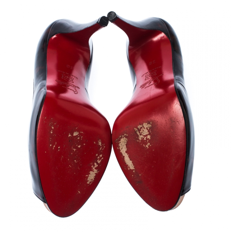 Pre Owned Christian Louboutin Brown/Black Patent Leather Hyper Prive Peep Toe Platform Pumps Size 38