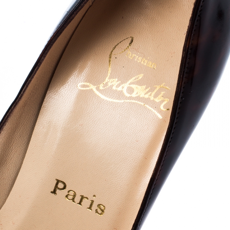 Pre Owned Christian Louboutin Brown/Black Patent Leather Hyper Prive Peep Toe Platform Pumps Size 38