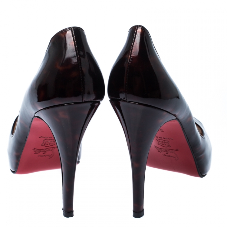 Pre Owned Christian Louboutin Brown/Black Patent Leather Hyper Prive Peep Toe Platform Pumps Size 38